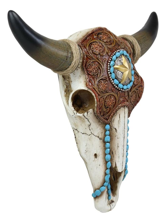 Ebros Gift Ebros Western Star Tooled Leather Steer Bison Buffalo Bull Cow Horned Skull Wall Decor