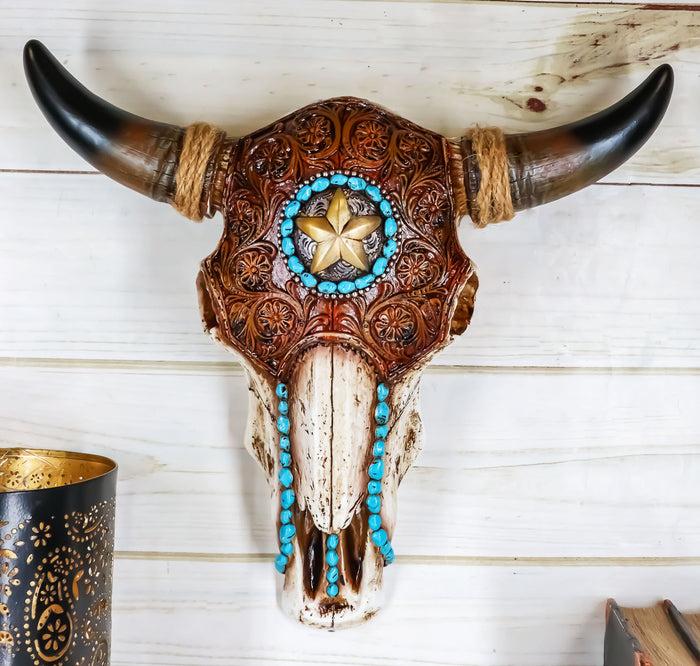 ebros gift Ebros Western Star Tooled Leather Steer Bison Buffalo Bull Cow Horned Skull Wall Decor