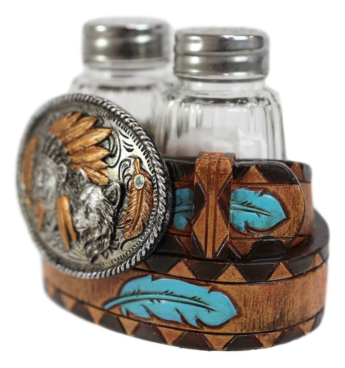 Ebros Gift Ebros Western Turquoise Sun & Floral Lace On Belt Buckle Salt Pepper Shakers Set
