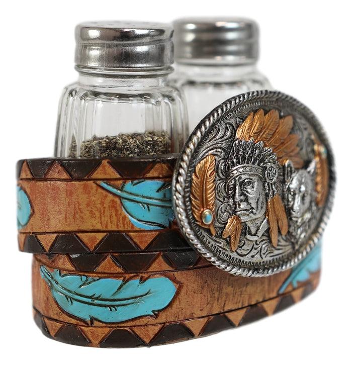 Ebros Gift Ebros Western Turquoise Sun & Floral Lace On Belt Buckle Salt Pepper Shakers Set