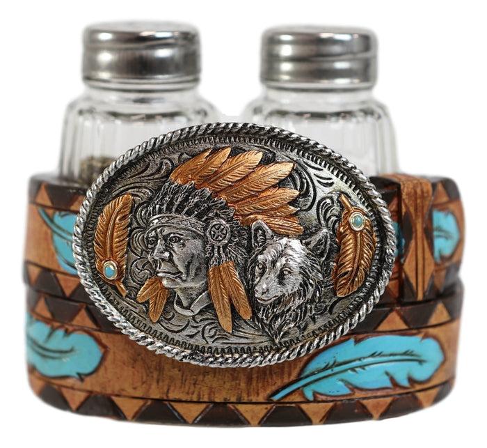 Ebros Gift Ebros Western Turquoise Sun & Floral Lace On Belt Buckle Salt Pepper Shakers Set