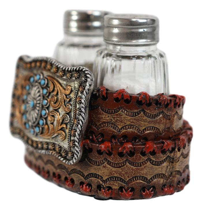 Ebros Gift Ebros Western Turquoise Sun & Floral Lace On Belt Buckle Salt Pepper Shakers Set
