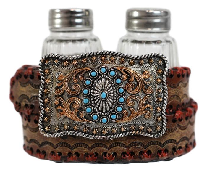 Ebros Gift Ebros Western Turquoise Sun & Floral Lace On Belt Buckle Salt Pepper Shakers Set