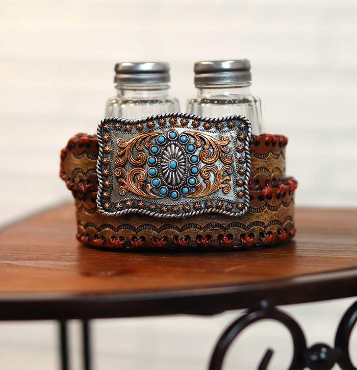 ebros gift Ebros Western Turquoise Sun & Floral Lace On Belt Buckle Salt Pepper Shakers Set