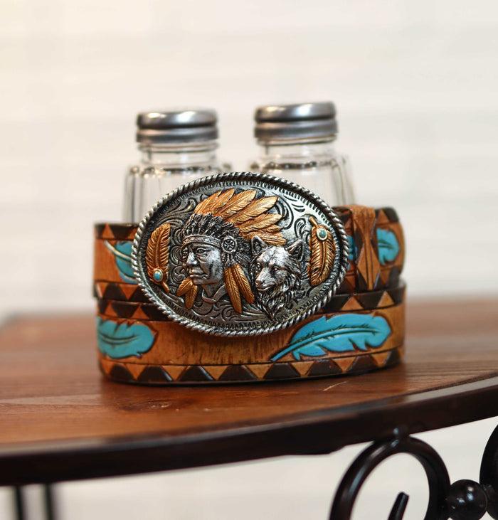 ebros gift Ebros Western Turquoise Sun & Floral Lace On Belt Buckle Salt Pepper Shakers Set