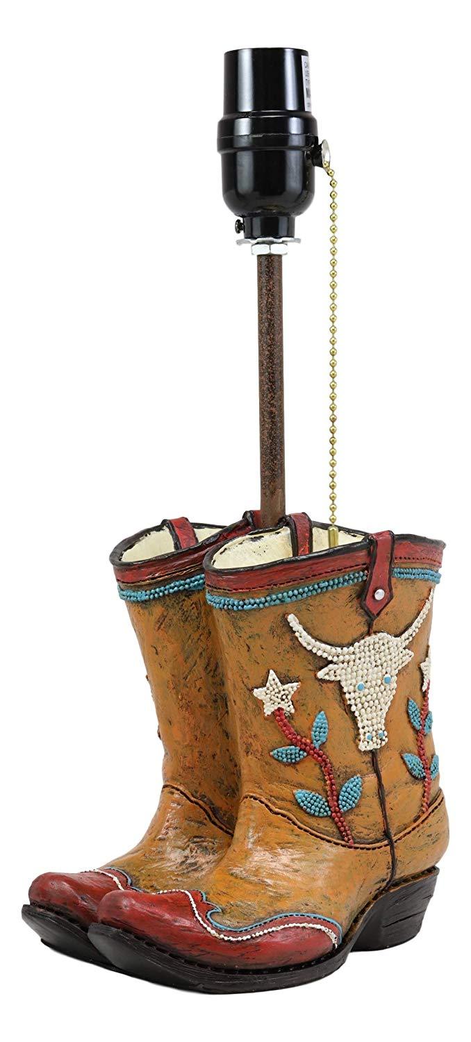 Ebros Gift Ebros Western Vintage Cowboy Cowgirl Pair Of Boots With Bejeweled Steer Cow Design Desktop Side Table Lamp 18.5"Tall Rustic Country Southwestern Bedside Home Accent Lighting Decor