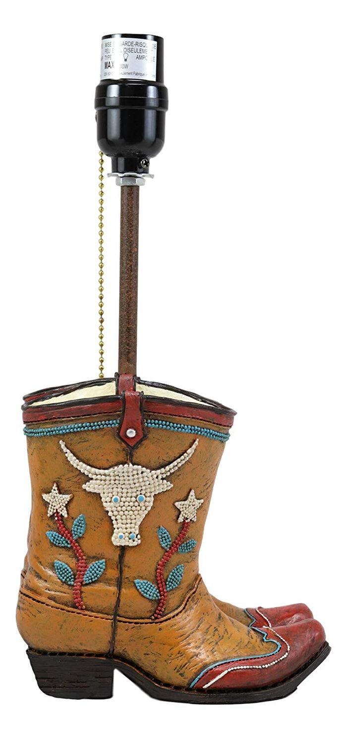 Ebros Gift Ebros Western Vintage Cowboy Cowgirl Pair Of Boots With Bejeweled Steer Cow Design Desktop Side Table Lamp 18.5"Tall Rustic Country Southwestern Bedside Home Accent Lighting Decor