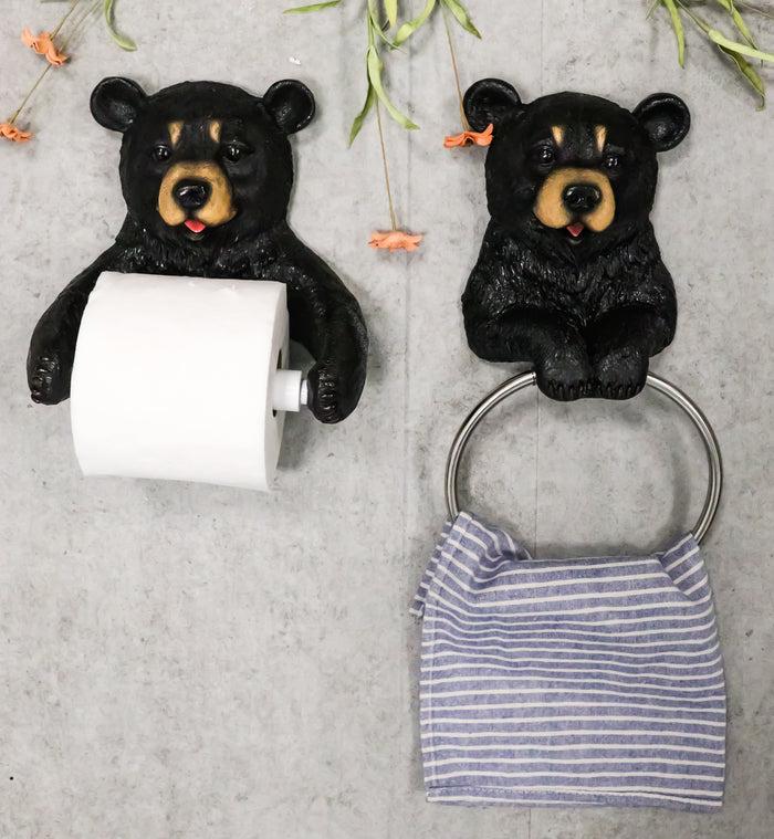 ebros gift Ebros Whimsical Black Bear Toilet Paper and Hand Towel Holder Set Bathroom Decor