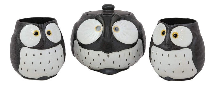 Ebros Gift Ebros Whimsical Black Fat Spotted Owl Ceramic 16oz Tea Pot With 2 Cups Set Owls Decor
