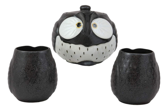 Ebros Gift Ebros Whimsical Black Fat Spotted Owl Ceramic 16oz Tea Pot With 2 Cups Set Owls Decor