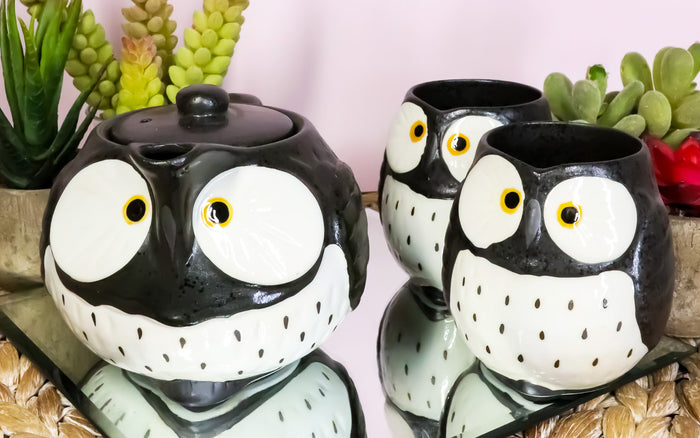 ebros gift Ebros Whimsical Black Fat Spotted Owl Ceramic 16oz Tea Pot With 2 Cups Set Owls Decor