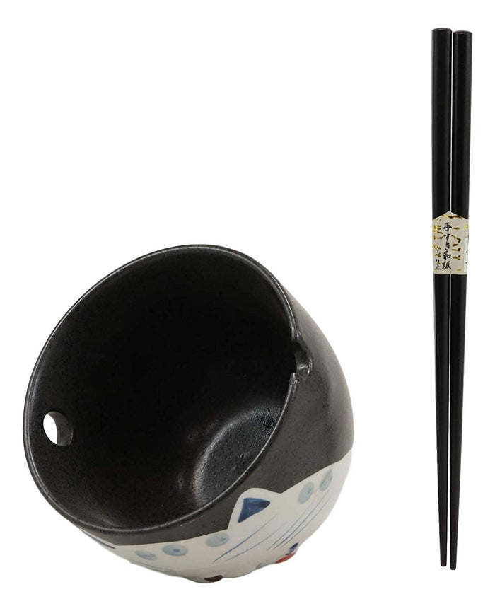 Ebros Gift Ebros Whimsical Ceramic Black Lucky Meow Cat Ramen Noodle Bowl & Chopsticks Set