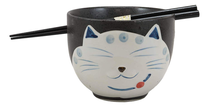 Ebros Gift Ebros Whimsical Ceramic Black Lucky Meow Cat Ramen Noodle Bowl & Chopsticks Set