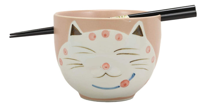 Ebros Gift Ebros Whimsical Ceramic Pink Lucky Meow Cat Ramen Noodle Bowl And Chopsticks Set