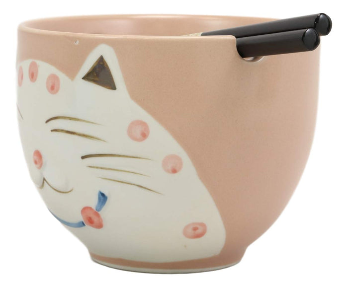 Ebros Gift Ebros Whimsical Ceramic Pink Lucky Meow Cat Ramen Noodle Bowl And Chopsticks Set