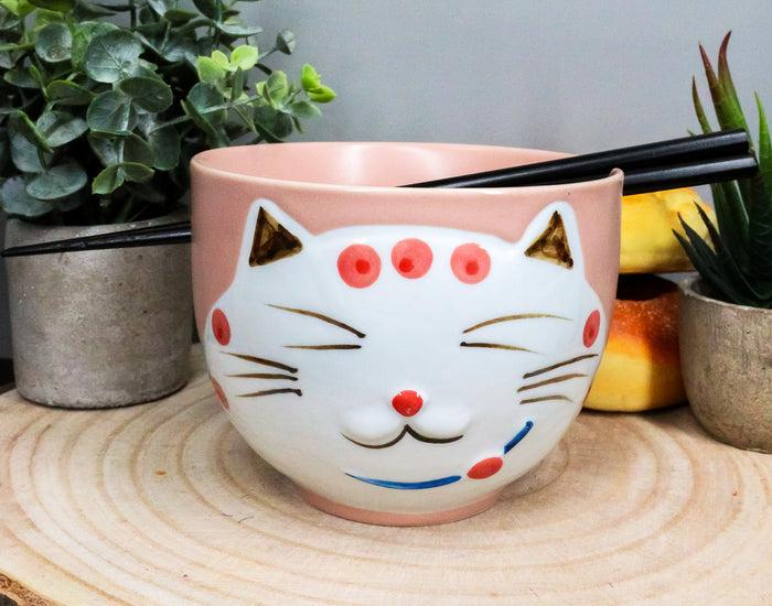 ebros gift Ebros Whimsical Ceramic Pink Lucky Meow Cat Ramen Noodle Bowl and Chopsticks Set