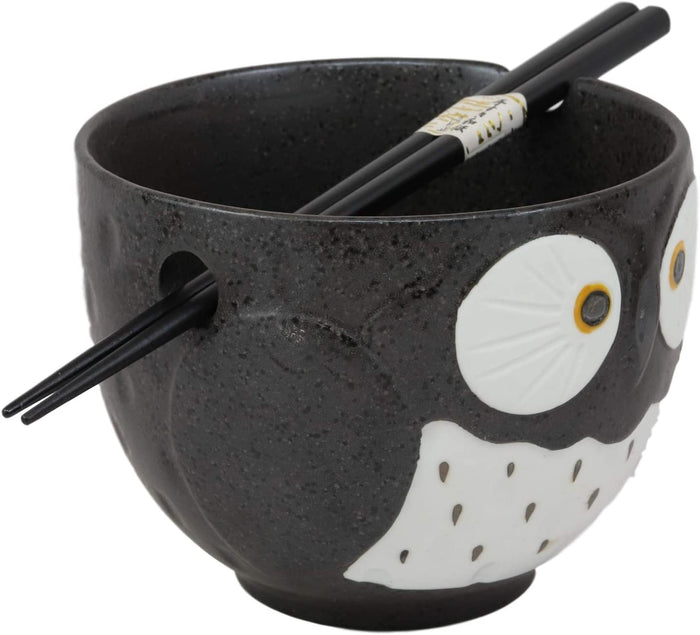 Ebros Gift Ebros Whimsical Ceramic White And Black Owl Ramen Bowl And Chopsticks Set Of 2