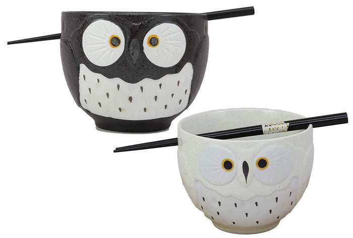ebros gift Ebros Whimsical Ceramic White And Black Owl Ramen Bowl and Chopsticks Set of 2