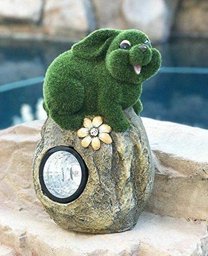 ebros gift Ebros Whimsical Flocked Grass Bunny Rabbit On Rock Garden Statue With Solar LED Light