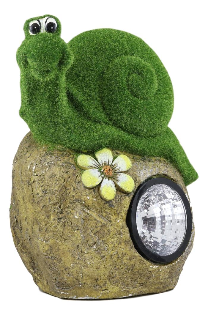 ebros gift Ebros Whimsical Flocked Grass Snail On Rock Garden Statue With Solar LED Light Decor