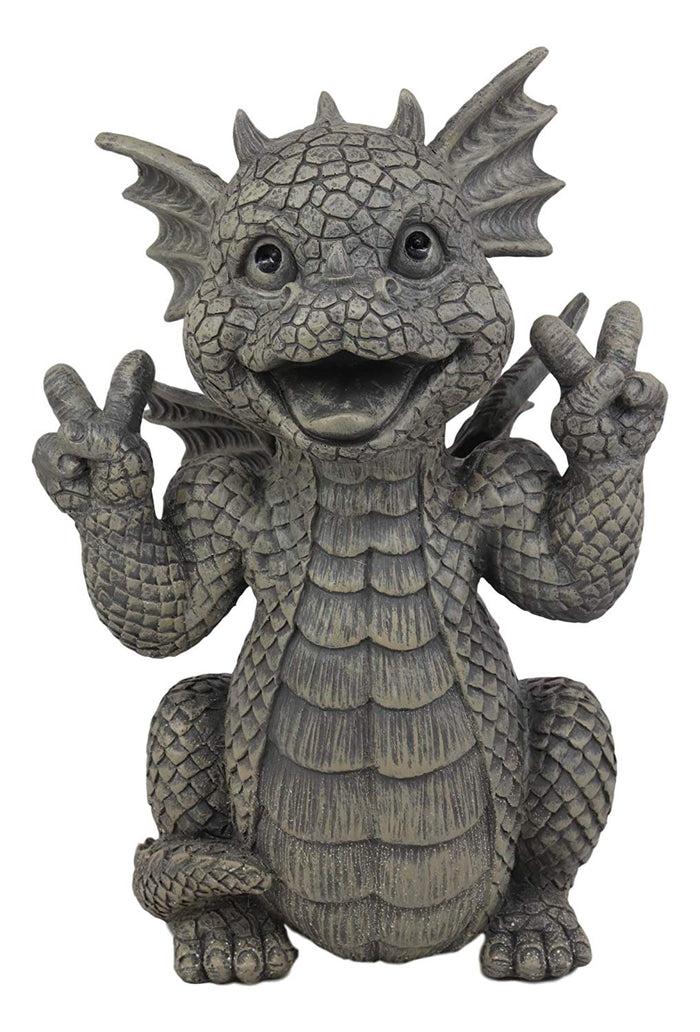 Ebros Gift Ebros Whimsical Garden Dragon With Hippie Peace Sign Gesture Statue 10.5" Tall