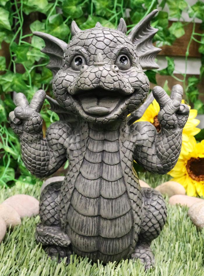 ebros gift Ebros Whimsical Garden Dragon with Hippie Peace Sign Gesture Statue 10.5" Tall