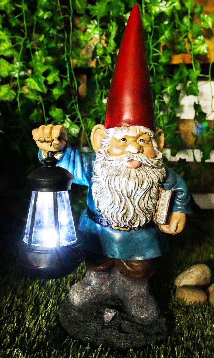 ebros gift Ebros Whimsical Gnome Holding Book of Spells Solar LED Lantern Light Statue 17"H