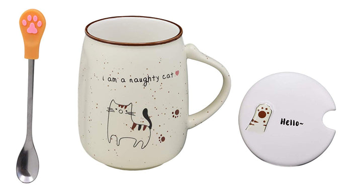 Ebros Gift Ebros Whimsical Naughty Calico Kitty Cat Porcelain Coffee Tea Mug Drink Cup With Paw Handle Spoon And Hello Greeting Paw Print Lid 16oz Kittens Or Cats Mugs For Kids And Adults