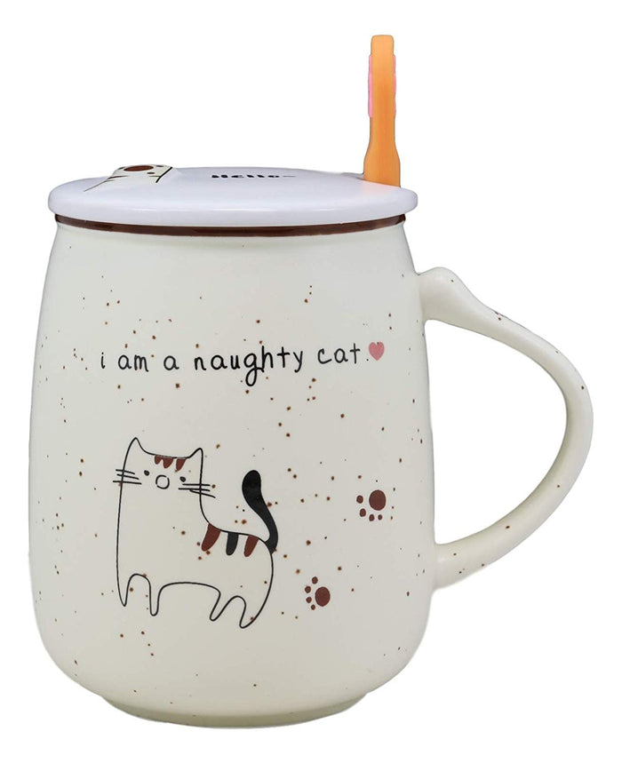 Ebros Gift Ebros Whimsical Naughty Calico Kitty Cat Porcelain Coffee Tea Mug Drink Cup With Paw Handle Spoon And Hello Greeting Paw Print Lid 16oz Kittens Or Cats Mugs For Kids And Adults