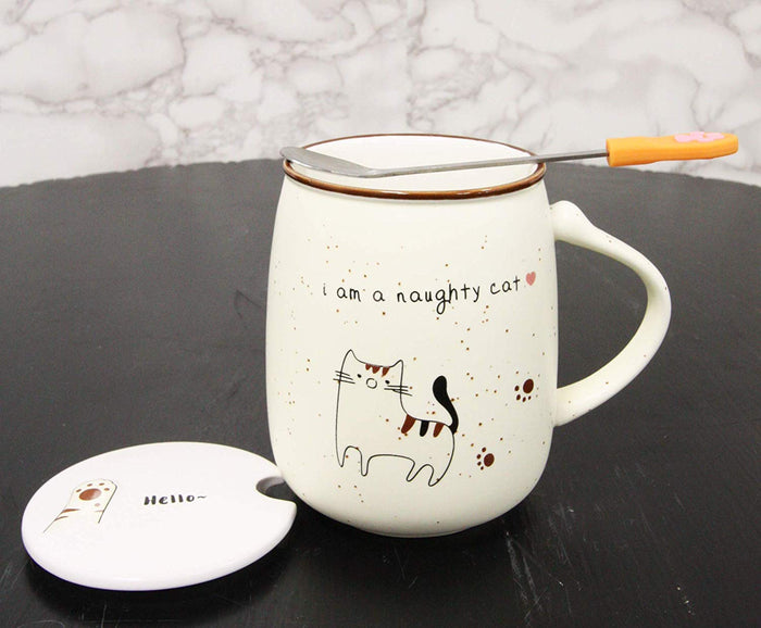 ebros gift Ebros Whimsical Naughty Calico Kitty Cat Porcelain Coffee Tea Mug Drink Cup With Paw Handle Spoon And Hello Greeting Paw Print Lid 16oz Kittens Or Cats Mugs For Kids and Adults