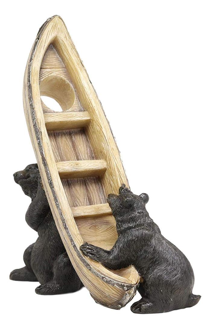 Ebros Gift Ebros Whimsical Rustic Decorative 2 Black Bears Joint Lifting A Canoe Boat Wine Holder Figurine 9.5" High Bear Family Teamwork Storage Kitchen Organizer Decor For Cabin Lodge Cottage Western Home
