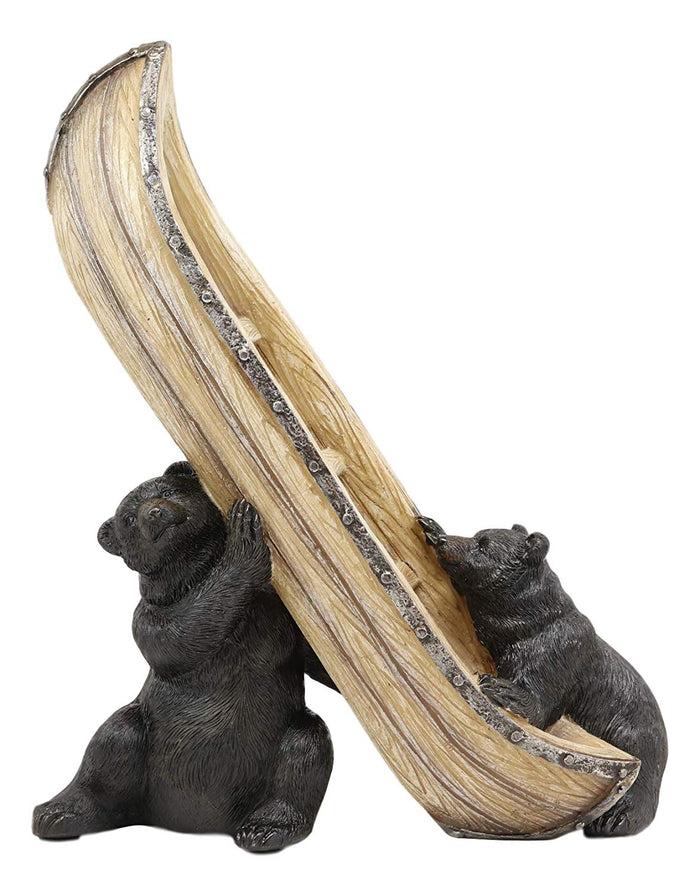Ebros Gift Ebros Whimsical Rustic Decorative 2 Black Bears Joint Lifting A Canoe Boat Wine Holder Figurine 9.5" High Bear Family Teamwork Storage Kitchen Organizer Decor For Cabin Lodge Cottage Western Home