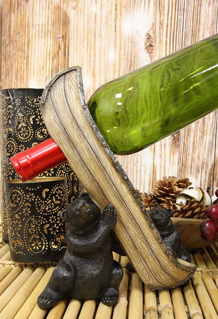 ebros gift Ebros Whimsical Rustic Decorative 2 Black Bears Joint Lifting A Canoe Boat Wine Holder Figurine 9.5" High Bear Family Teamwork Storage Kitchen Organizer Decor for Cabin Lodge Cottage Western Home