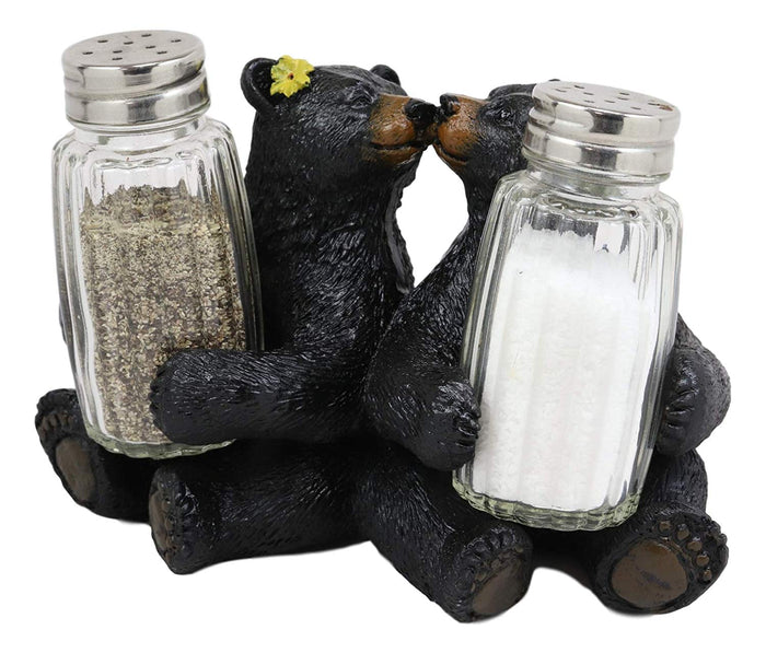 ebros gift Ebros Whimsical Valentines Black Bear Couple Kissing Figurine Holder With Glass Salt And Pepper Shakers Romantic Bears Rustic Home And Kitchen Dining Decorative Statue Cabin Lodge Mountainside Decor