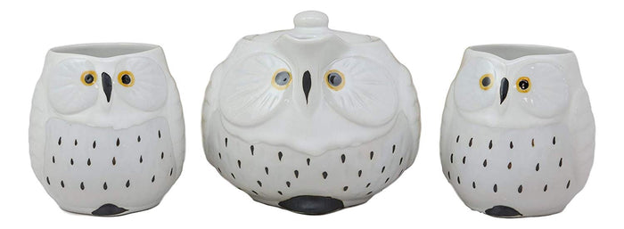 Ebros Gift Ebros Whimsical White Fat Snow Owl Ceramic 16oz Tea Pot With 2 Cups Set Owls Decor