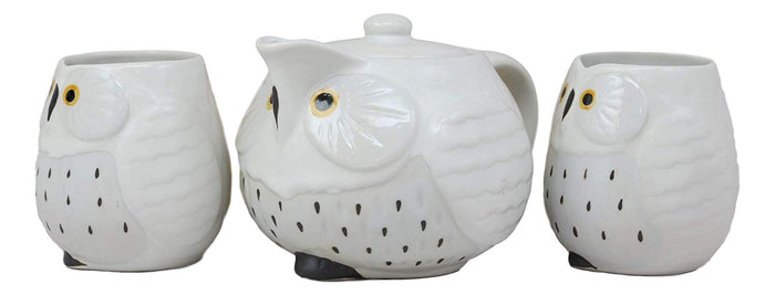 Ebros Gift Ebros Whimsical White Fat Snow Owl Ceramic 16oz Tea Pot With 2 Cups Set Owls Decor