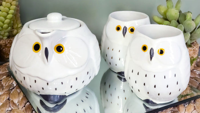 ebros gift Ebros Whimsical White Fat Snow Owl Ceramic 16oz Tea Pot With 2 Cups Set Owls Decor