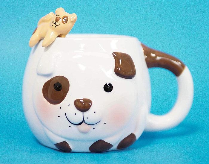 Ebros Gift Ebros White And Chocolate Dog Ceramic Coffee Mug With Puppy Latch On Spoon Set