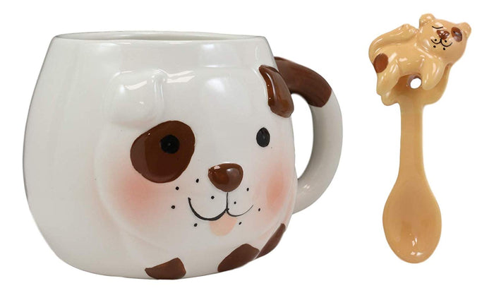 Ebros Gift Ebros White And Chocolate Dog Ceramic Coffee Mug With Puppy Latch On Spoon Set