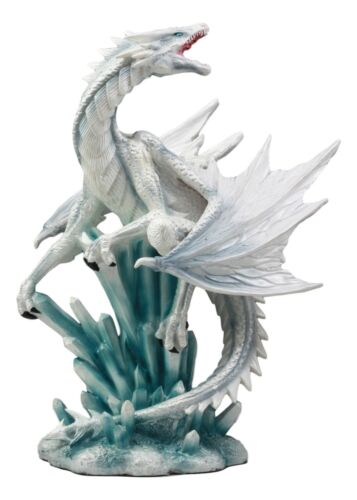 Ebros Gift Ebros White Arctic Snow Winter Dragon On Giant Crystal Ice Rocks Statue Frozen Realm