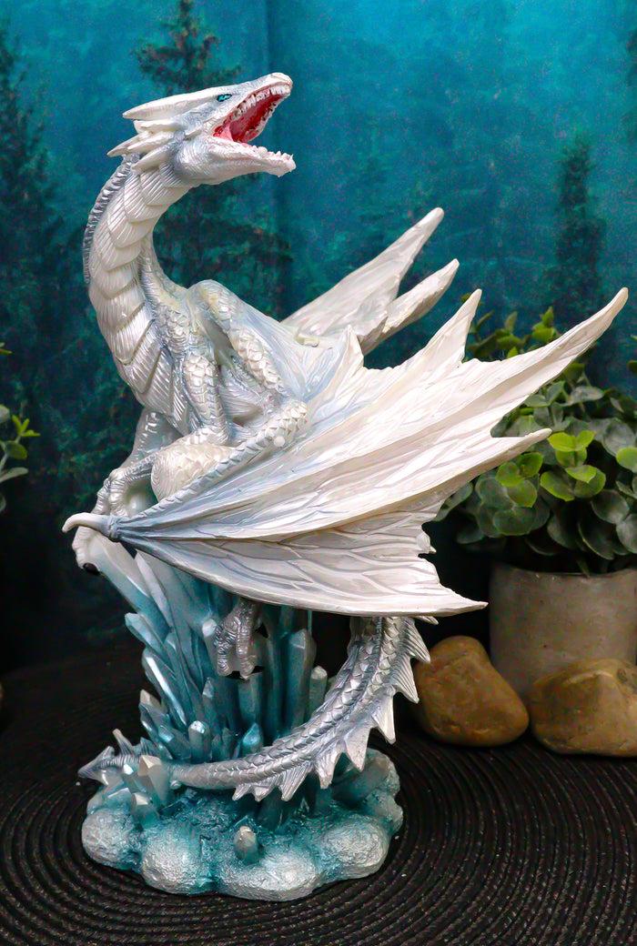 ebros gift Ebros White Arctic Snow Winter Dragon On Giant Crystal Ice Rocks Statue Frozen Realm