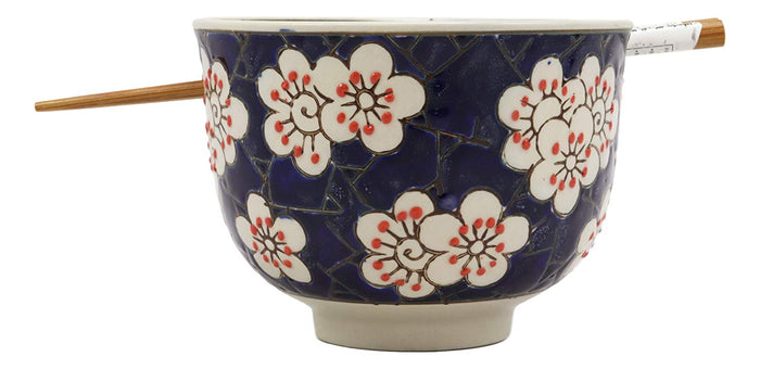 Ebros Gift Ebros White Cherry Blossoms Sakura Mosaic Style Blue Ramen Udong Noodles 5" Diameter Bowl With Built In Chopsticks Rest And Bamboo Chopstick Set For Dining Soup Rice Meal Bowls Decor Kitchen