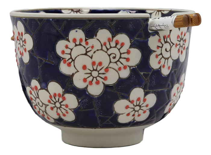 Ebros Gift Ebros White Cherry Blossoms Sakura Mosaic Style Blue Ramen Udong Noodles 5" Diameter Bowl With Built In Chopsticks Rest And Bamboo Chopstick Set For Dining Soup Rice Meal Bowls Decor Kitchen