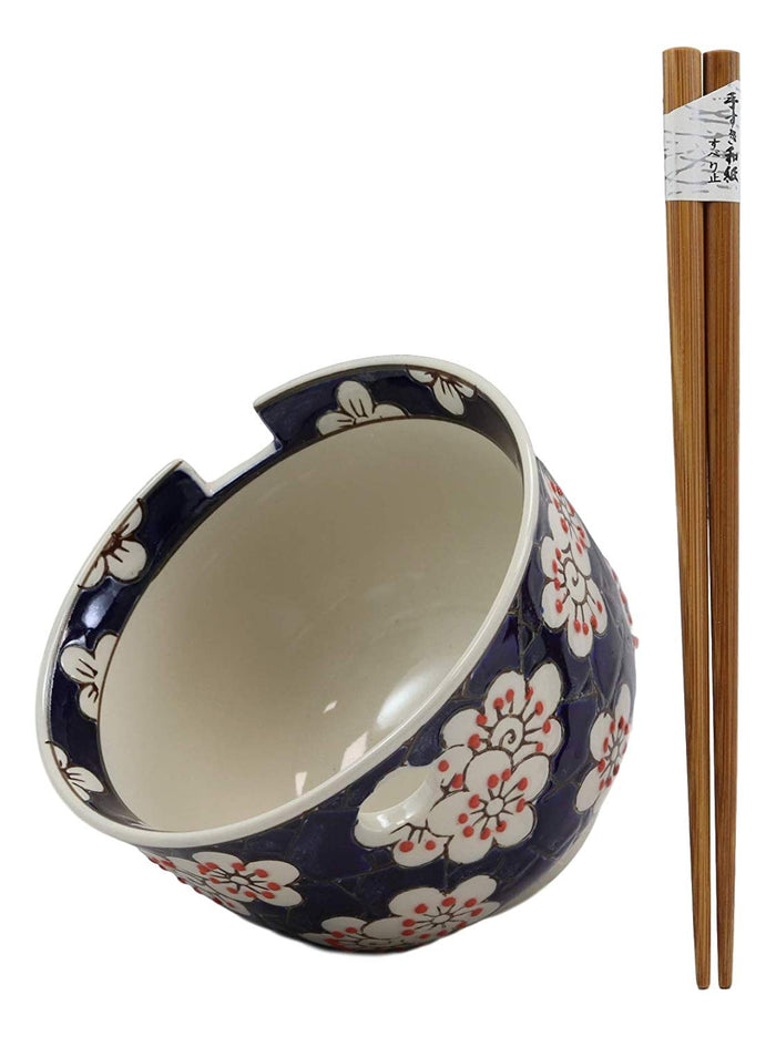 Ebros Gift Ebros White Cherry Blossoms Sakura Mosaic Style Blue Ramen Udong Noodles 5" Diameter Bowl With Built In Chopsticks Rest And Bamboo Chopstick Set For Dining Soup Rice Meal Bowls Decor Kitchen