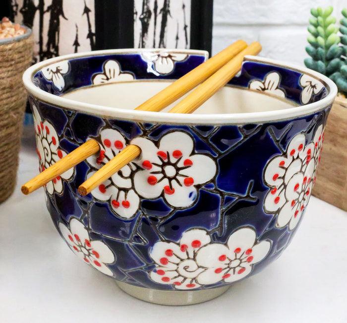ebros gift Ebros White Cherry Blossoms Sakura Mosaic Style Blue Ramen Udong Noodles 5" Diameter Bowl With Built In Chopsticks Rest and Bamboo Chopstick Set for Dining Soup Rice Meal Bowls Decor Kitchen
