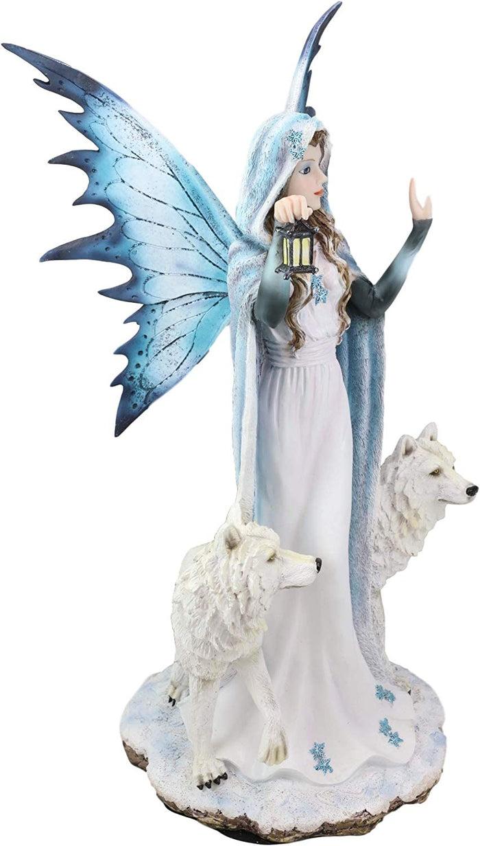 Ebros Gift Ebros White Frozen Lantern Fairy By 2 Arctic Snow Direwolves Statue 17.75" Tall