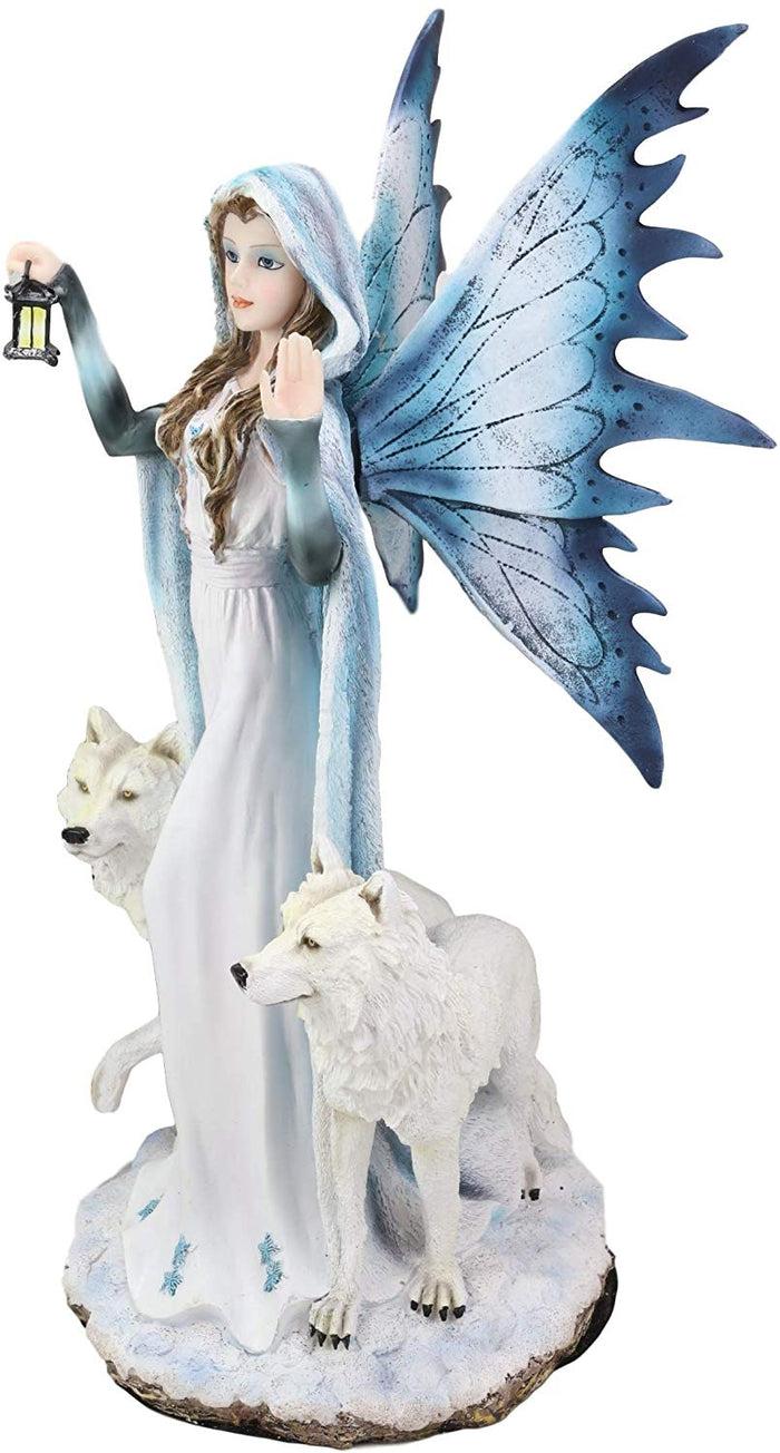 Ebros Gift Ebros White Frozen Lantern Fairy By 2 Arctic Snow Direwolves Statue 17.75" Tall