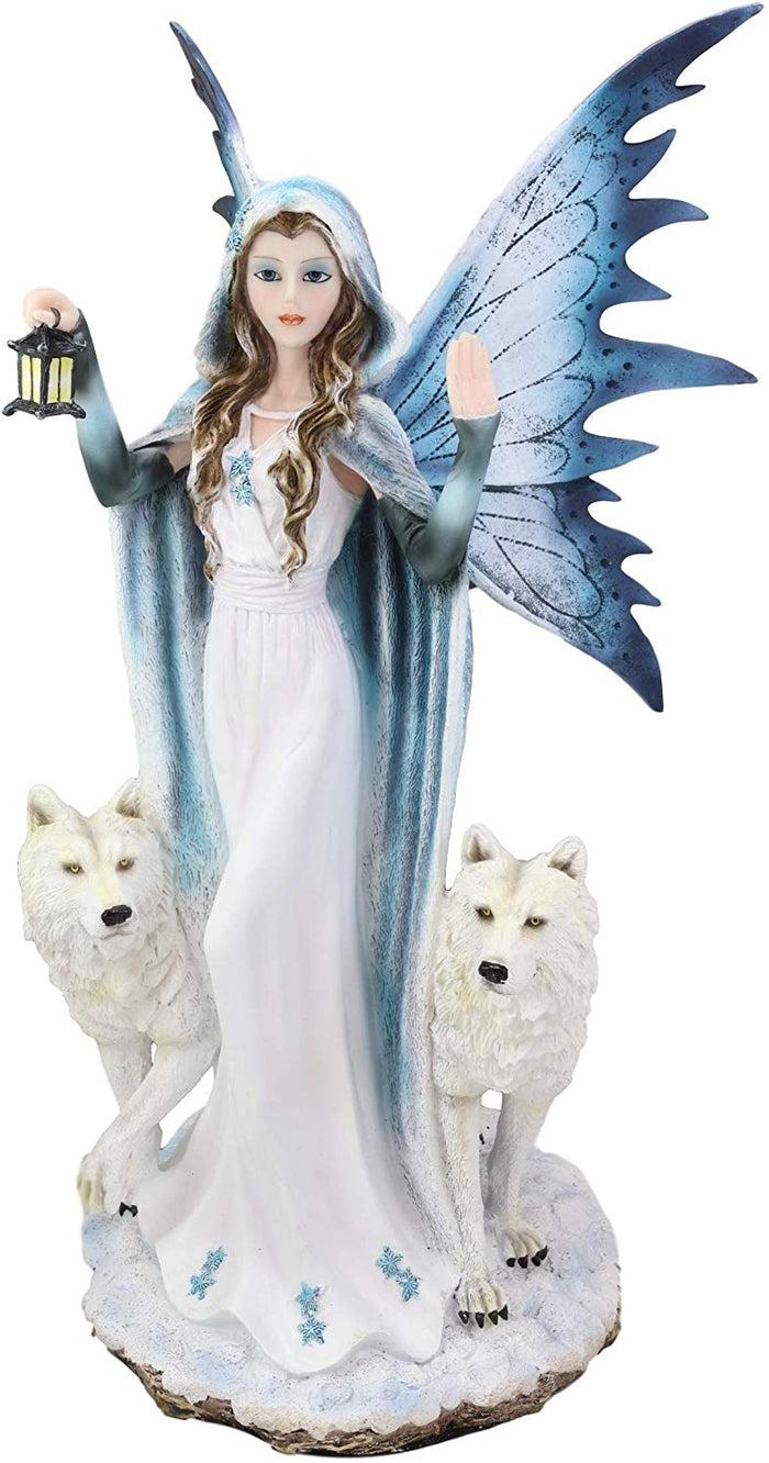 ebros gift Ebros White Frozen Lantern Fairy by 2 Arctic Snow Direwolves Statue 17.75" Tall