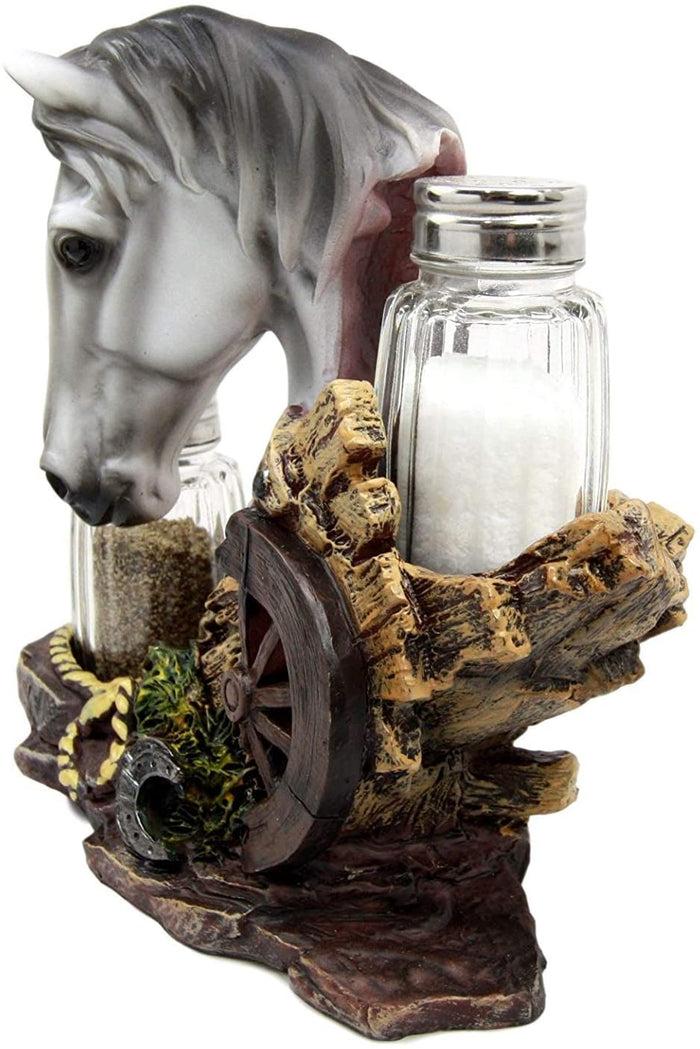 Ebros Gift Ebros White Horse By Wagon Wheel Glass Salt Pepper Shakers Holder Set 6.25"H