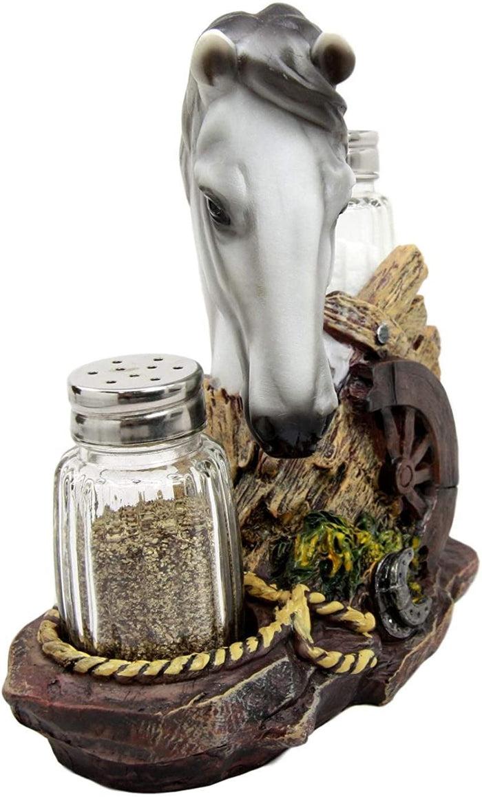 Ebros Gift Ebros White Horse By Wagon Wheel Glass Salt Pepper Shakers Holder Set 6.25"H
